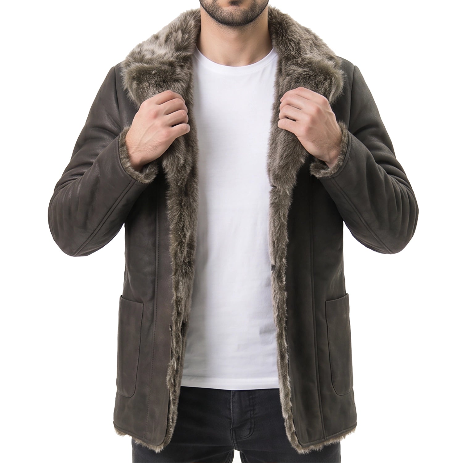 Men's Black Leather Coat with Fur