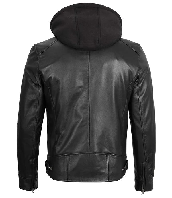 Men's Black Moto Leather Jacket with Hood