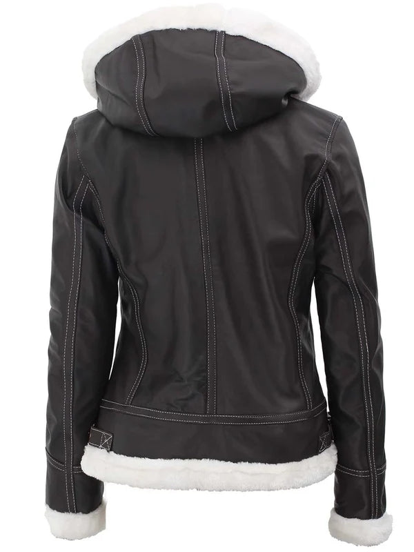 Mary Women Fur-Lined Dark Brown Bomber Leather Jacket with Removable Hood