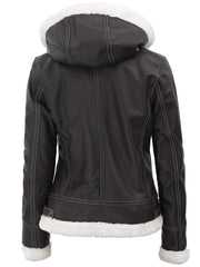 Mary Women Fur-Lined Dark Brown Bomber Leather Jacket with Removable Hood