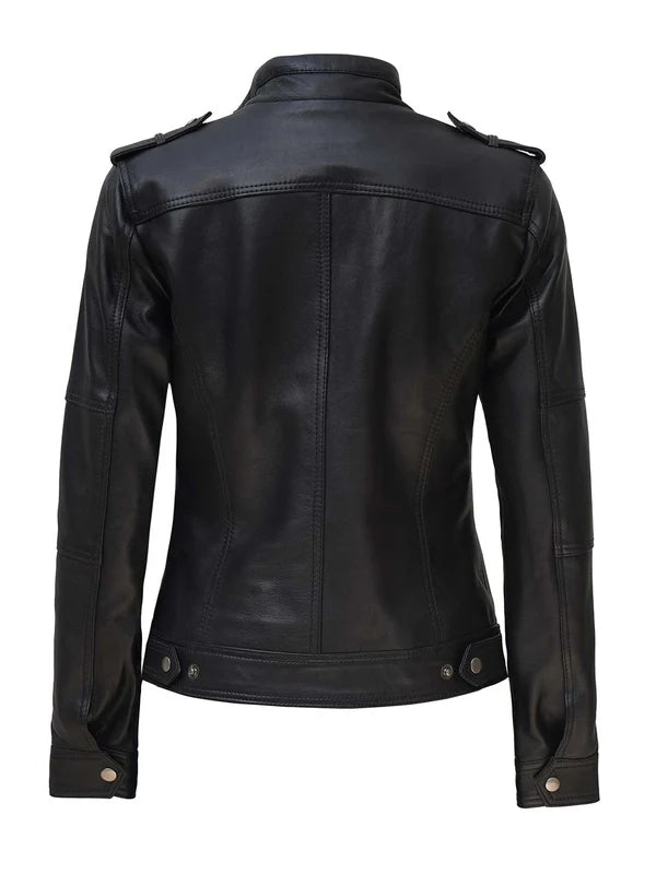 Women Slim Fit Black Cafe Racer Biker Jacket