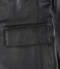 Women's Black Leather Blazer with Two Buttons and Notch Lapel