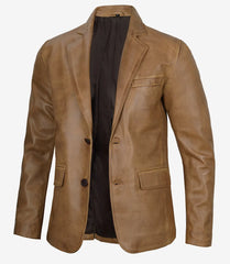 Men's Camel Brown Real Leather Blazer Featuring Two Buttons
