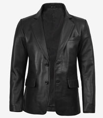Men's Black Leather Blazer Featuring a Two-Button Notch-Lapel Design