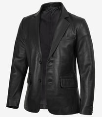 Men's Black Leather Blazer Featuring a Two-Button Notch-Lapel Design