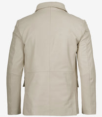 Men's Off White Real Leather Blazer with Two Buttons and Notch Lapel