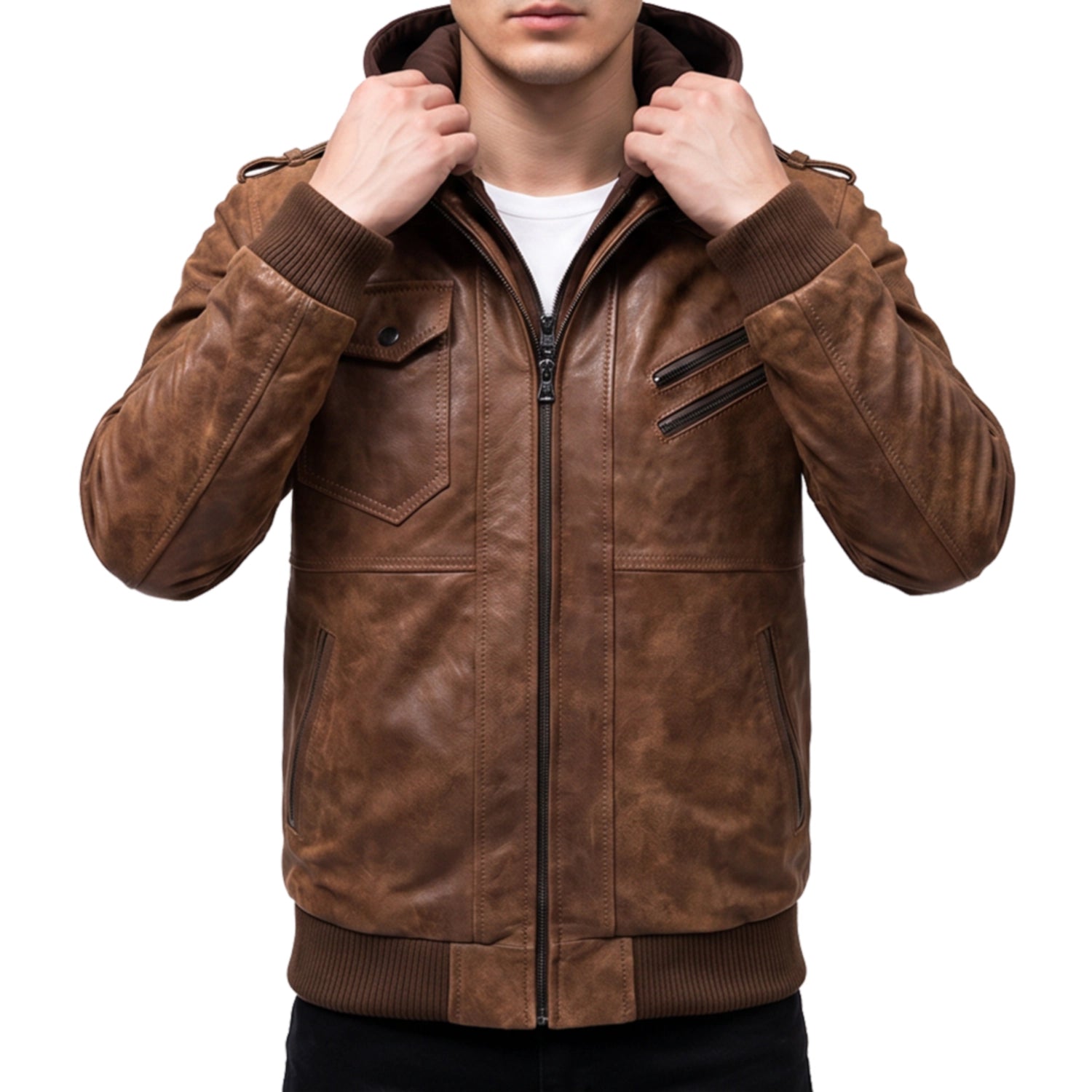 Brown Leather Hooded Jacket