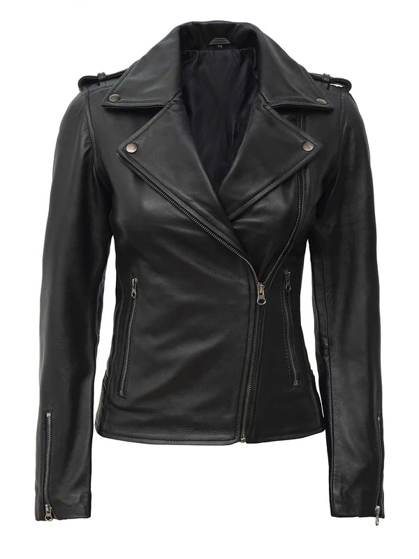 Kirsten Women Black Asymmetrical Leather Motorcycle Jacket