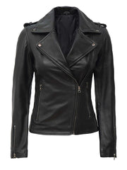 Kirsten Women Black Asymmetrical Leather Motorcycle Jacket