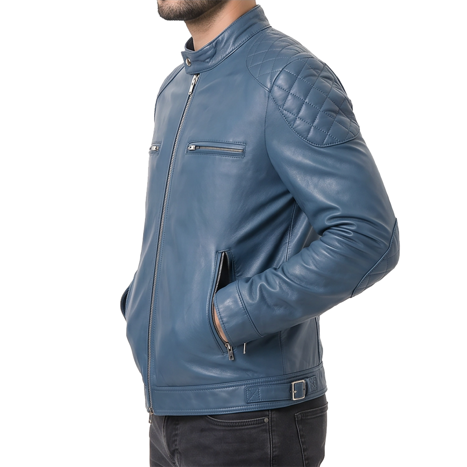 Men's Blue Leather Biker Jacket