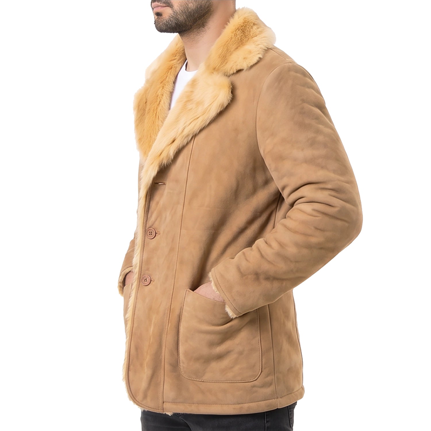 Men's Beige Leather Coat with Fur