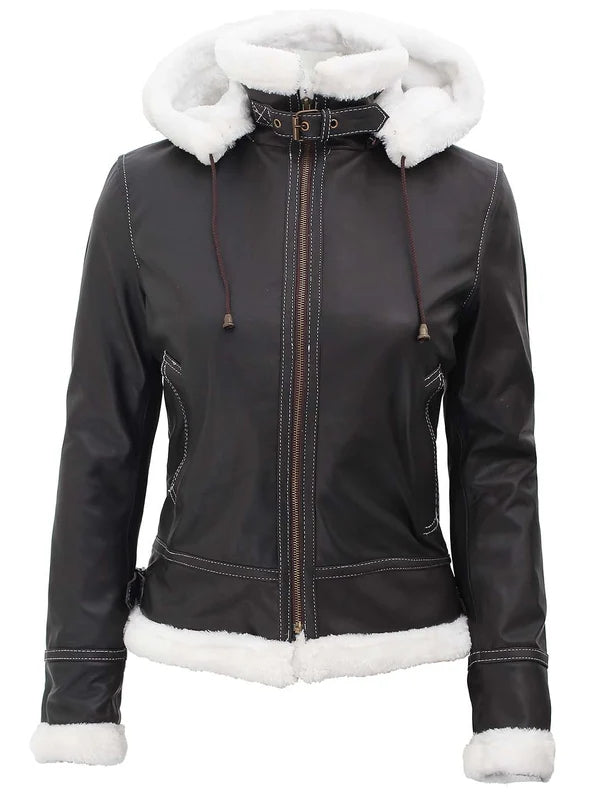 Mary Women Fur-Lined Dark Brown Bomber Leather Jacket with Removable Hood