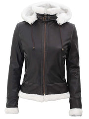 Mary Women Fur-Lined Dark Brown Bomber Leather Jacket with Removable Hood