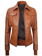 Women Tan Wax Bomber Leather Jacket with Hood