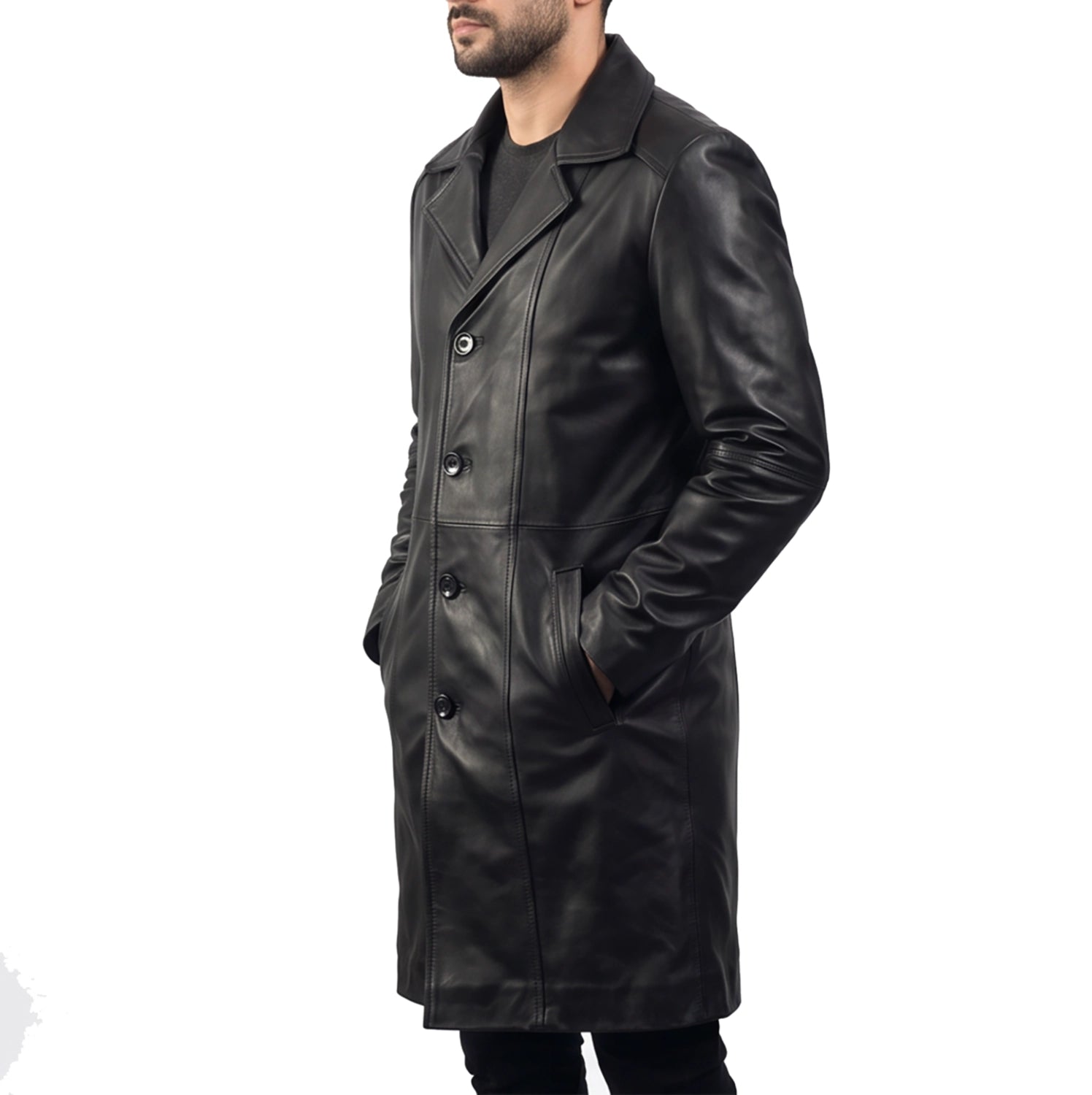 Men's Long Black Leather Coat