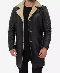 Mens Classic Black Leather Coat with Shearling Lining and Fur Trim