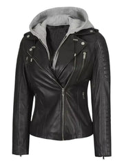 Bagheria Women Black Leather Biker Jacket with Removable Hood
