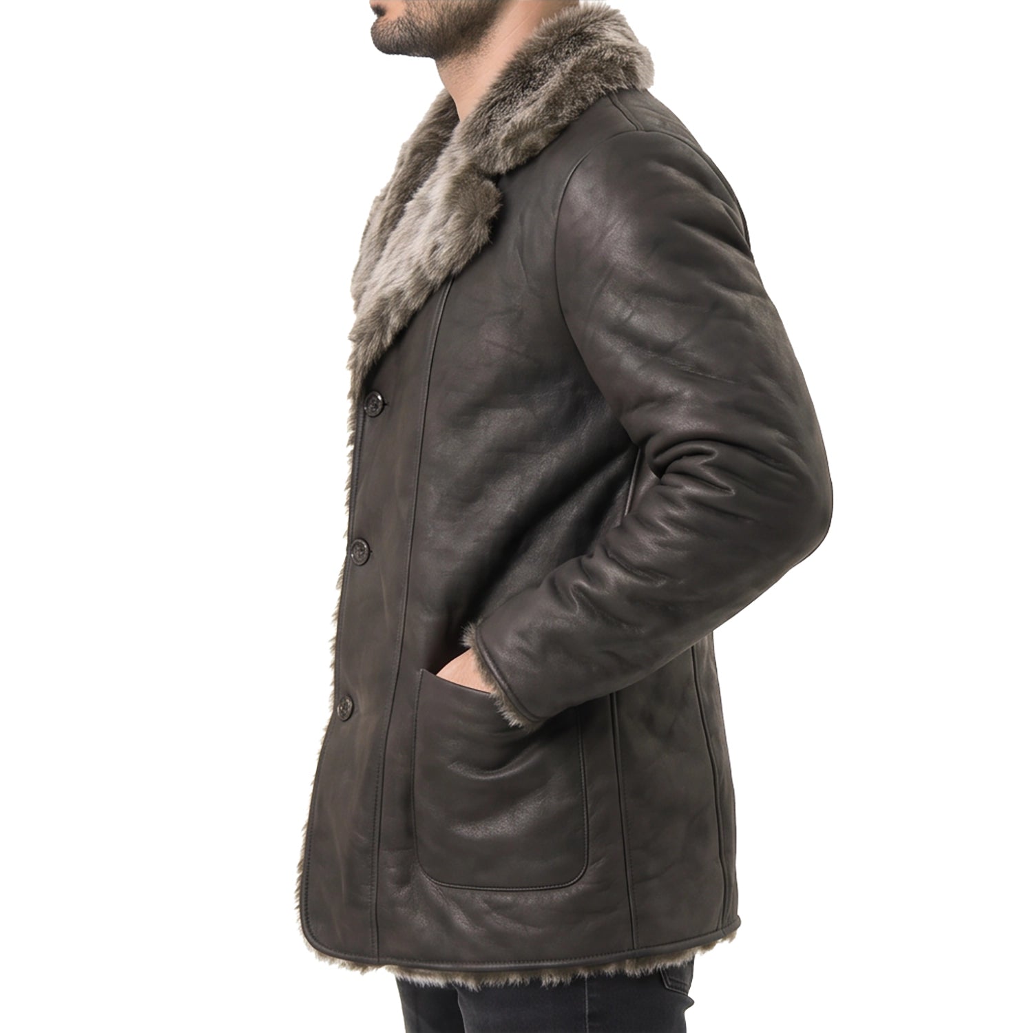 Men's Black Leather Coat with Fur