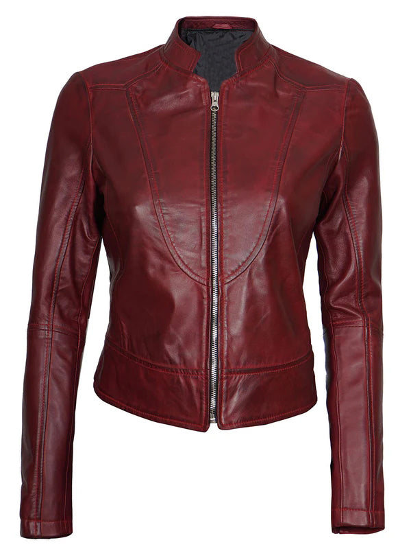Women Maroon Cafe Racer Leather Jacket