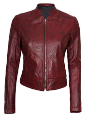 Women Maroon Cafe Racer Leather Jacket