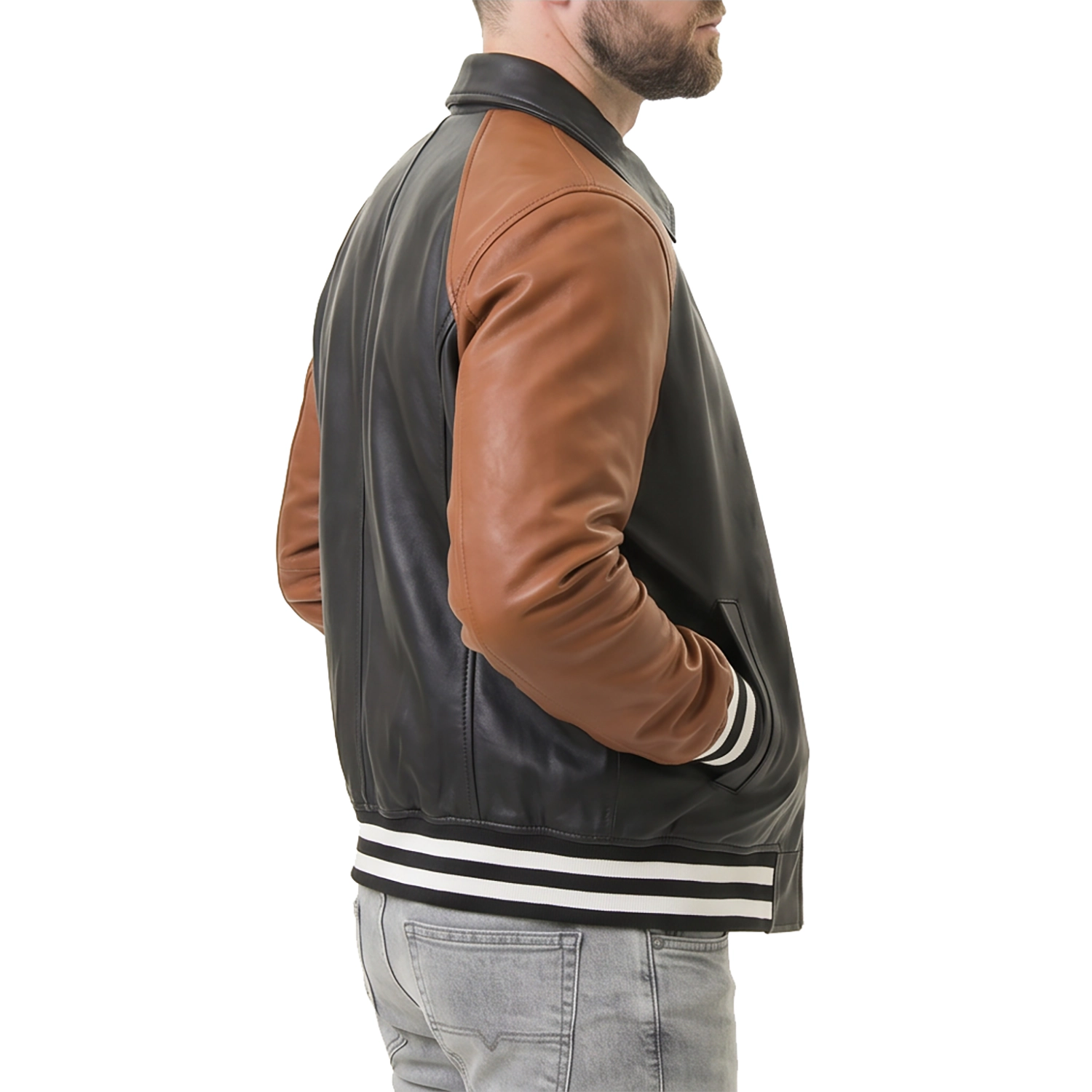 Men's Black & Brown Leather Varsity Jacket
