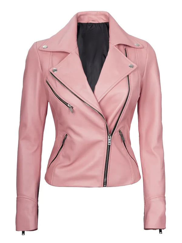 Women Pink Asymmetrical Biker Leather Jacket