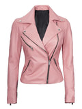 Women Pink Asymmetrical Biker Leather Jacket