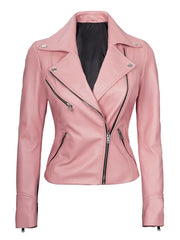 Women Pink Asymmetrical Biker Leather Jacket