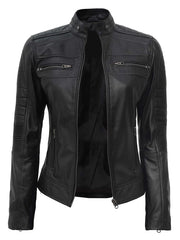 Women Black Cafe Racer Leather Jacket