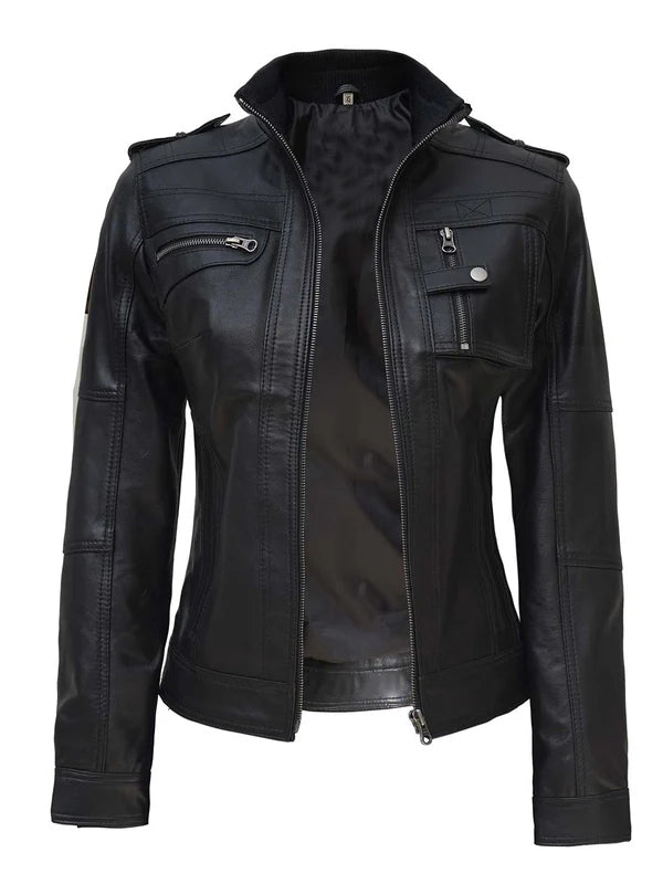 Women Slim Fit Black Cafe Racer Biker Jacket