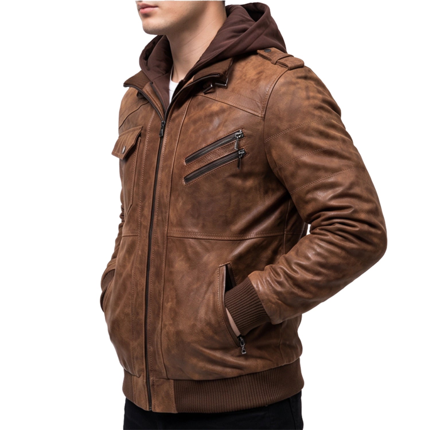 Brown Leather Hooded Jacket