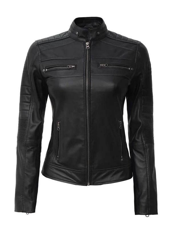 Women Black Cafe Racer Leather Jacket