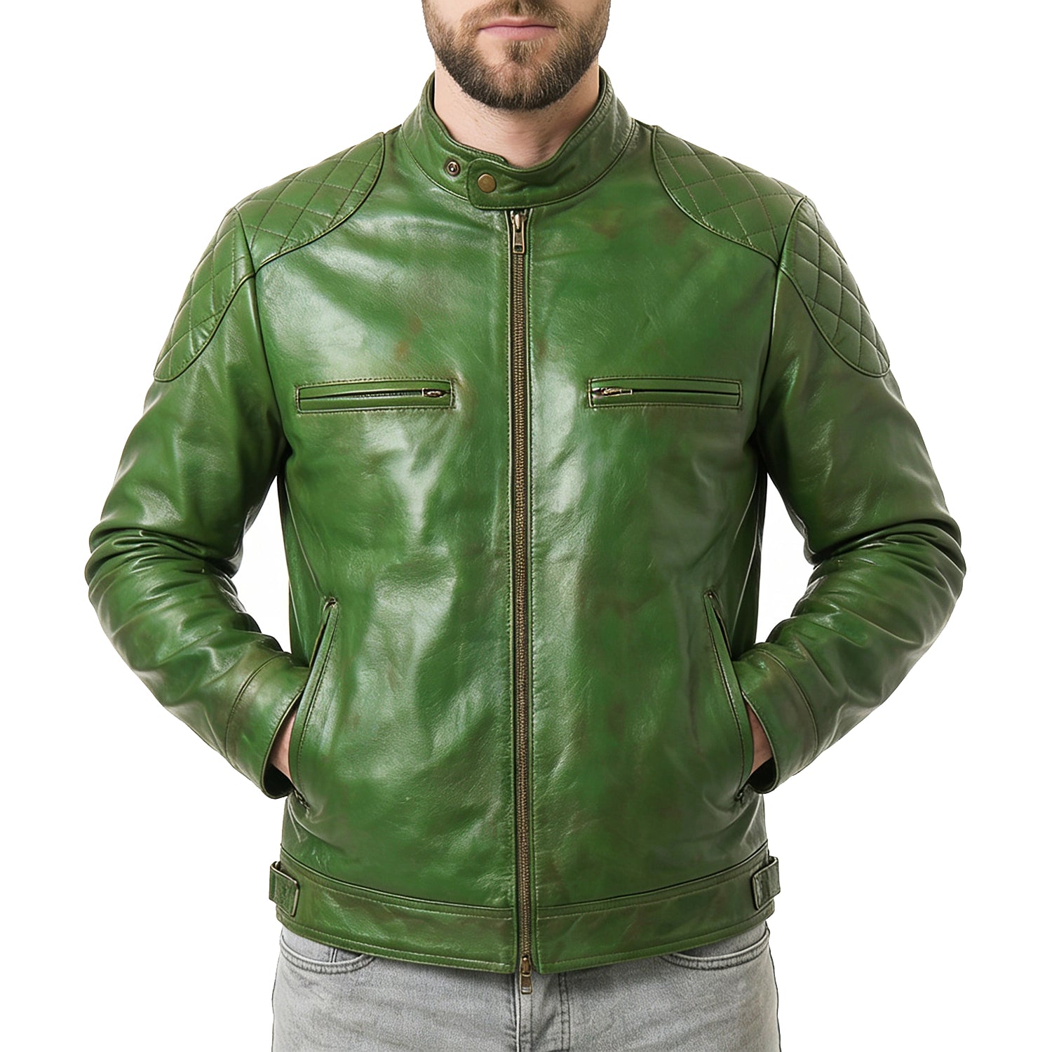 Men's Green Leather Biker Jacket