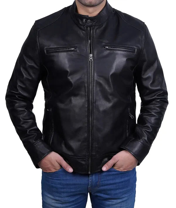 Men's Black Cafe Racer Leather Biker Jacket