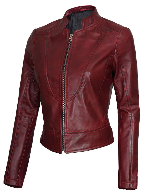 Women Maroon Cafe Racer Leather Jacket