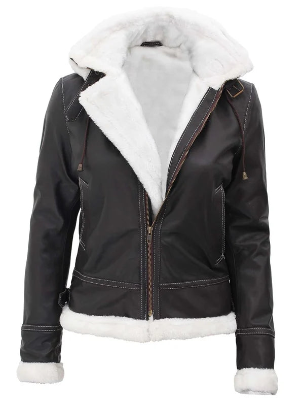 Mary Women Fur-Lined Dark Brown Bomber Leather Jacket with Removable Hood