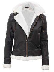 Mary Women Fur-Lined Dark Brown Bomber Leather Jacket with Removable Hood