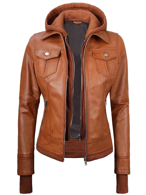 Women Tan Wax Bomber Leather Jacket with Hood