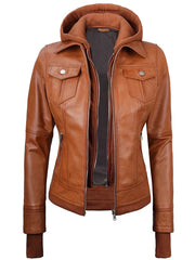 Women Tan Wax Bomber Leather Jacket with Hood