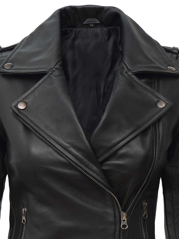 Kirsten Women Black Asymmetrical Leather Motorcycle Jacket