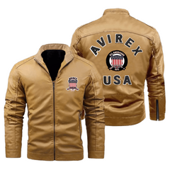 AVIREX Cold Steel Biker Jacket Leather Moto with Fleece Lining and Stand Collar