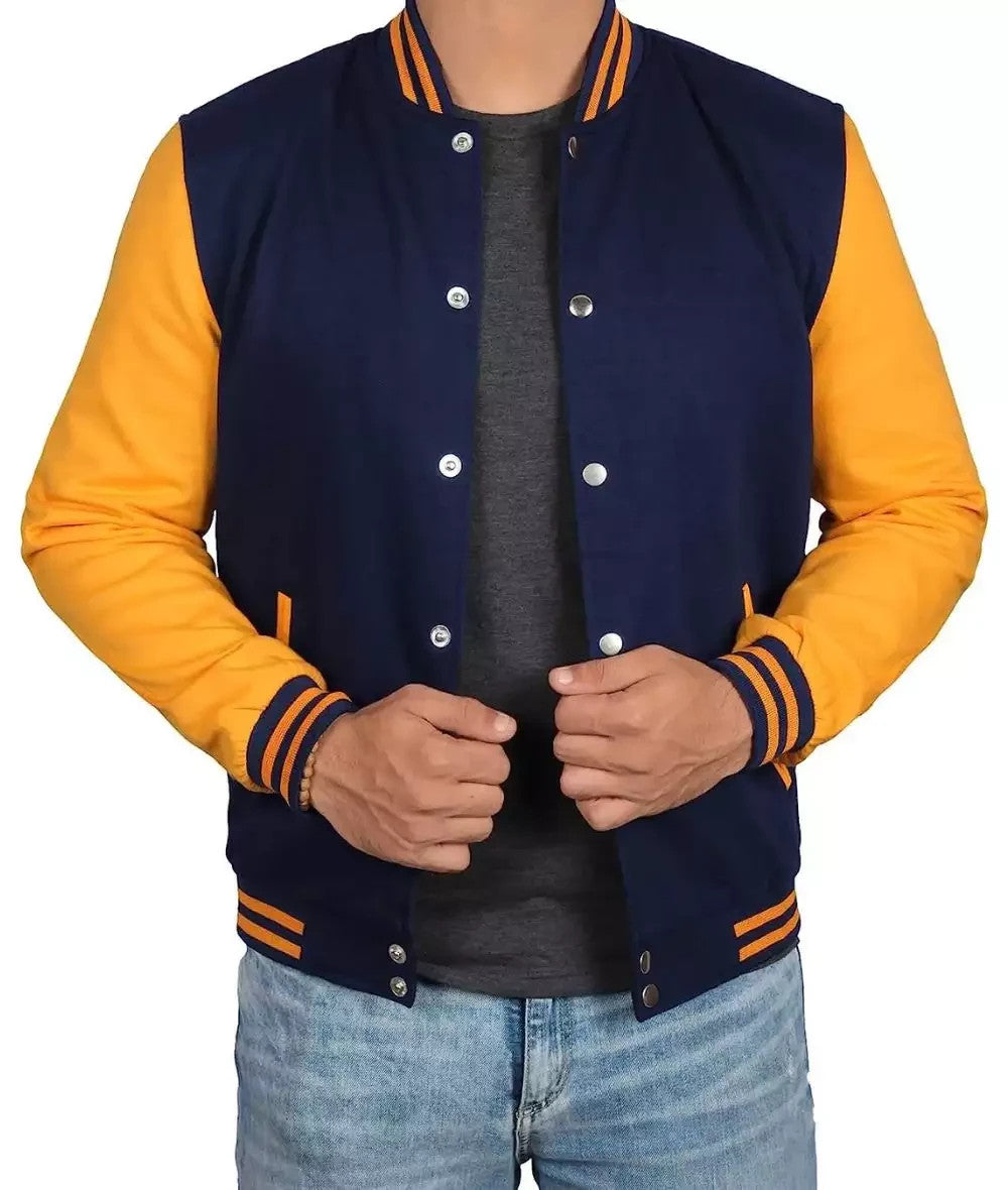Bold Blue and Yellow Mens Varsity Jacket, Baseball-Inspired Bomber Style