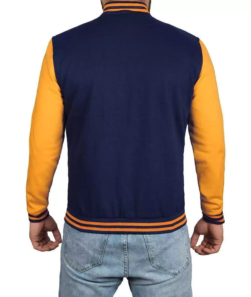 Bold Blue and Yellow Mens Varsity Jacket, Baseball-Inspired Bomber Style