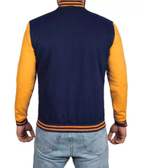 Bold Blue and Yellow Mens Varsity Jacket, Baseball-Inspired Bomber Style