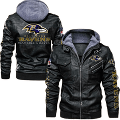 Baltimore Ravens Leather Bomber Jacket, Hooded Style with Patch Variants