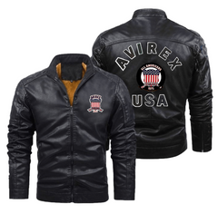 AVIREX Cold Steel Biker Jacket Leather Moto with Fleece Lining and Stand Collar