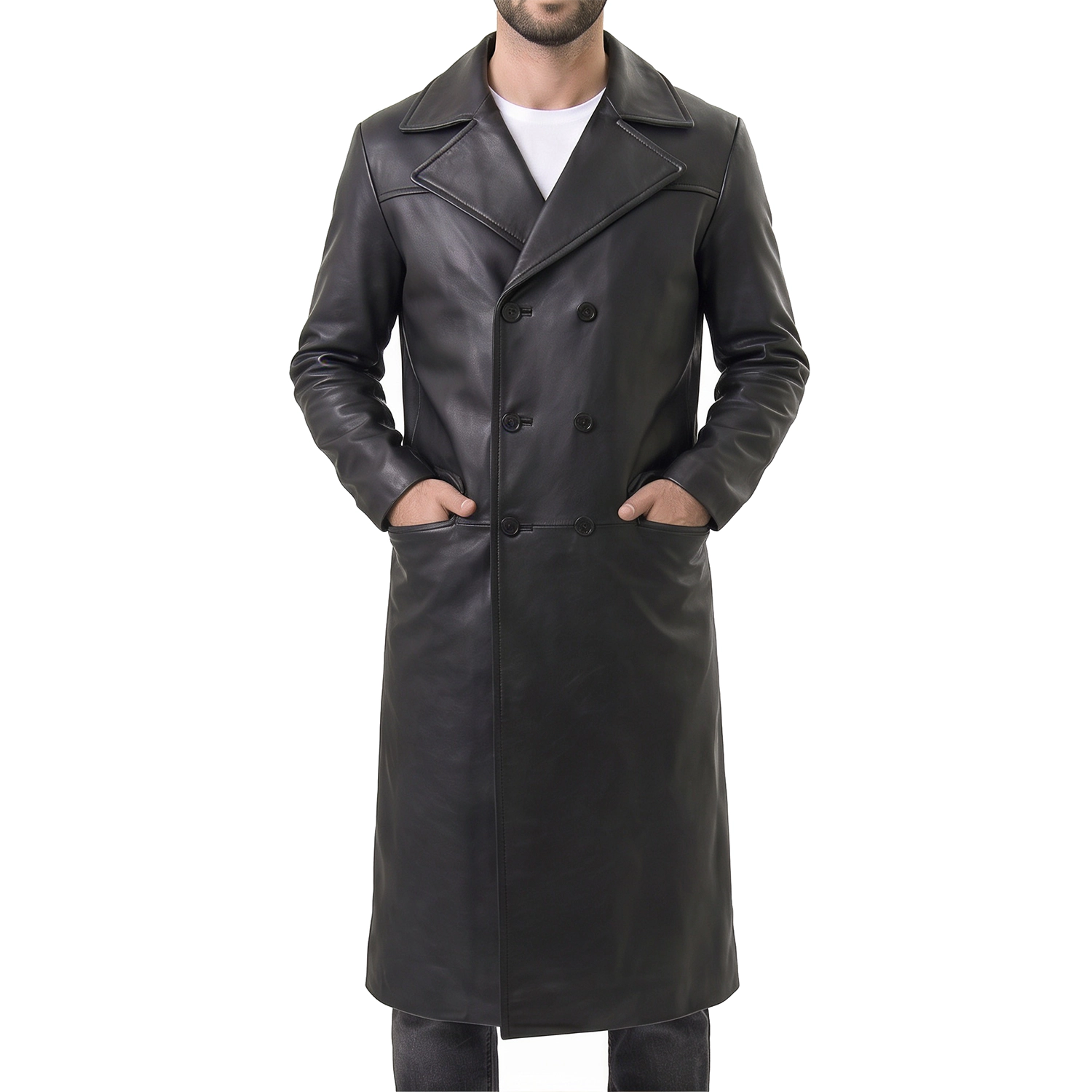 Shop Zenith Men's Black Leather Double-Breasted Coat Online