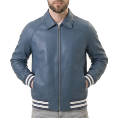 Men's Blue Leather Varsity Jacket