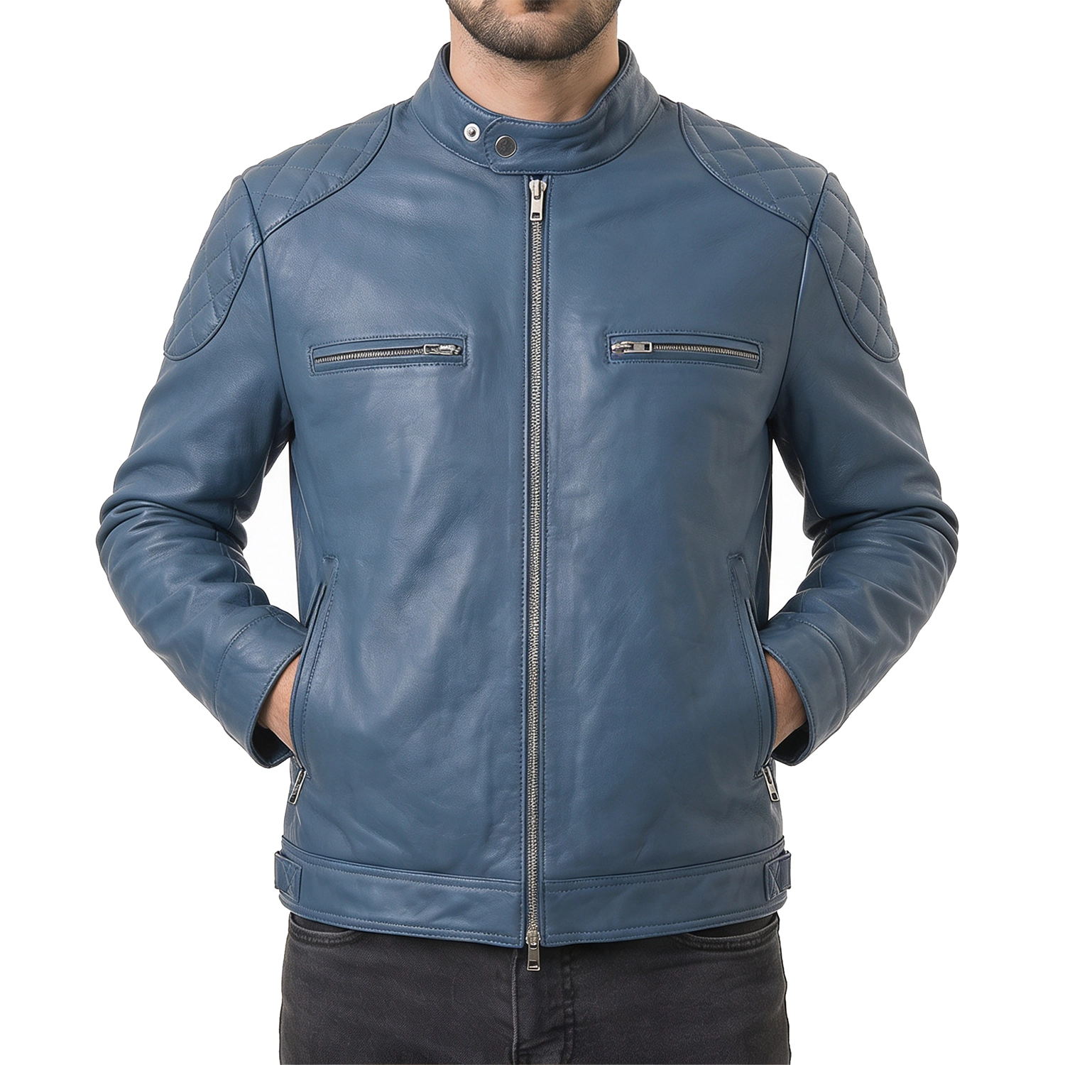 Men's Blue Leather Biker Jacket