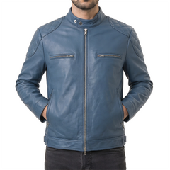 Men's Blue Leather Biker Jacket
